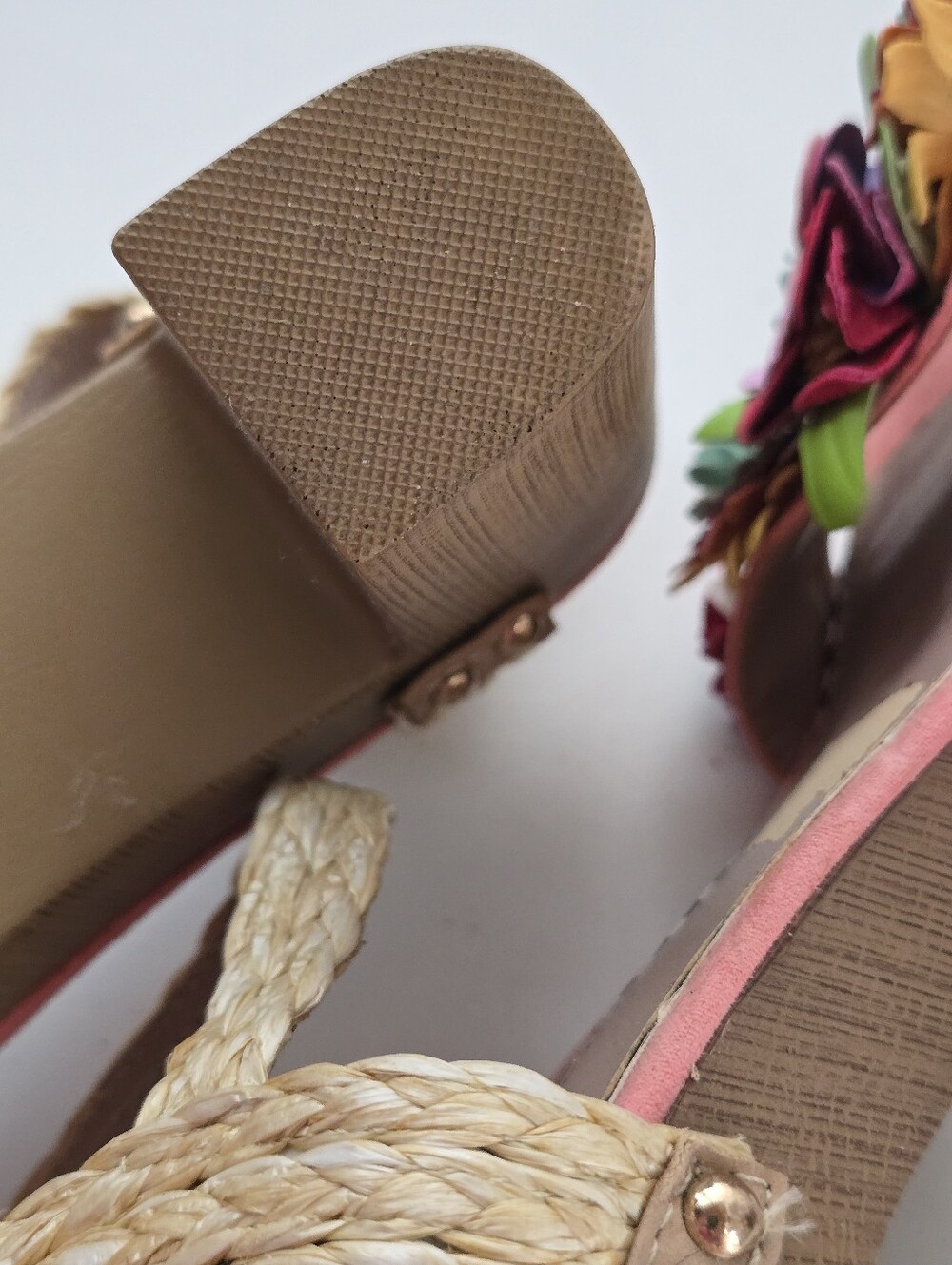 Betsey Johnson Coral Platform Sandals with Multicolor Floral Appliqués - Picture 14 of 16